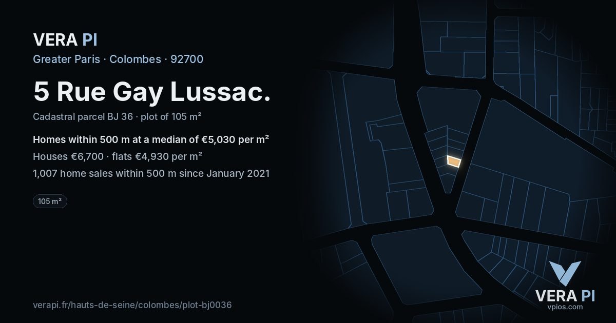 5 Rue Gay Lussac, Colombes at night – the plot lit, the parcels around coloured by the prices near them