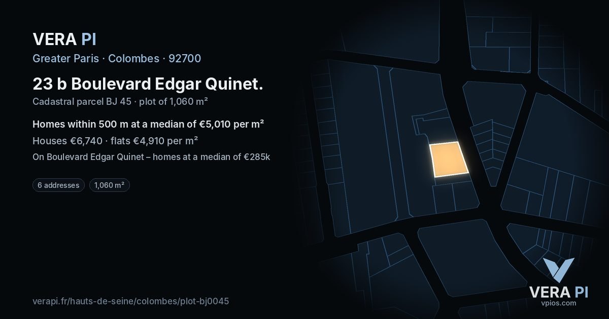 23 b Boulevard Edgar Quinet, Colombes at night – the plot lit, the parcels around coloured by the prices near them