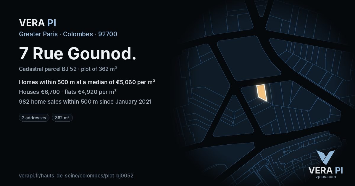 7 Rue Gounod, Colombes at night – the plot lit, the parcels around coloured by the prices near them
