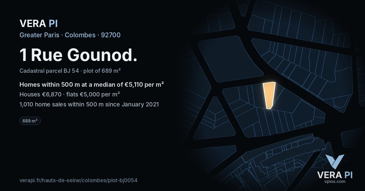 1 Rue Gounod, Colombes at night – the plot lit, the parcels around coloured by the prices near them