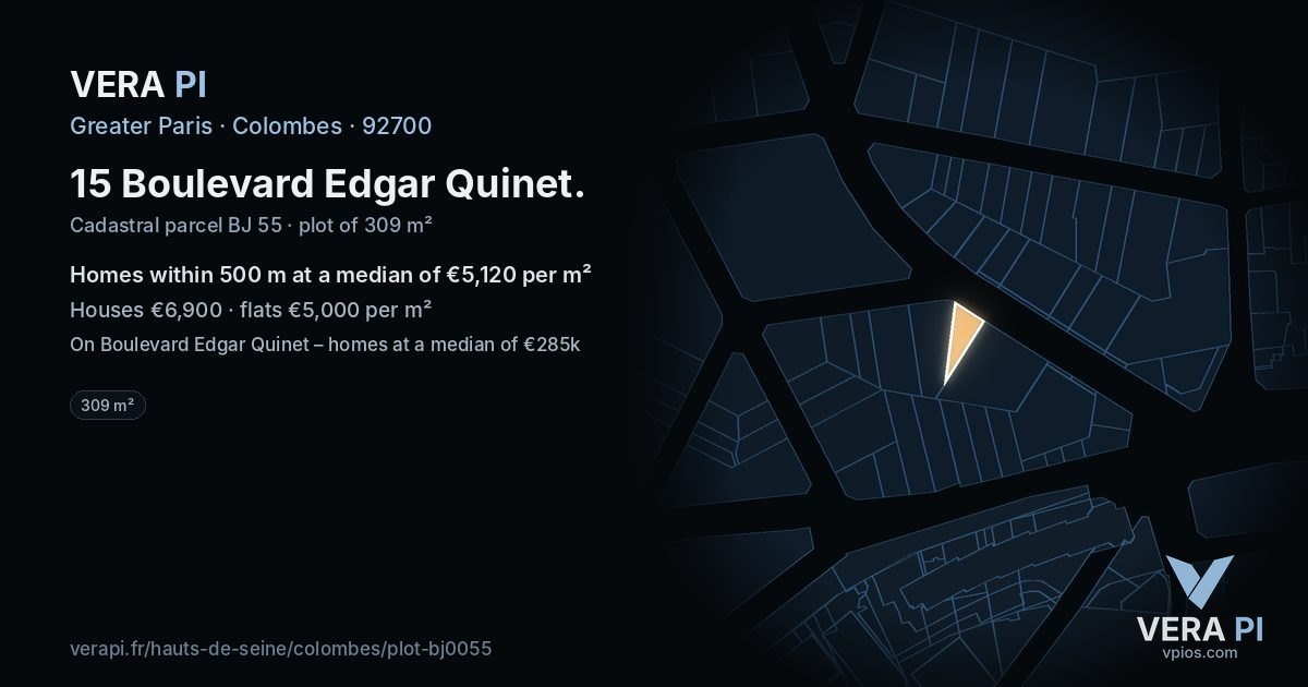 15 Boulevard Edgar Quinet, Colombes at night – the plot lit, the parcels around coloured by the prices near them