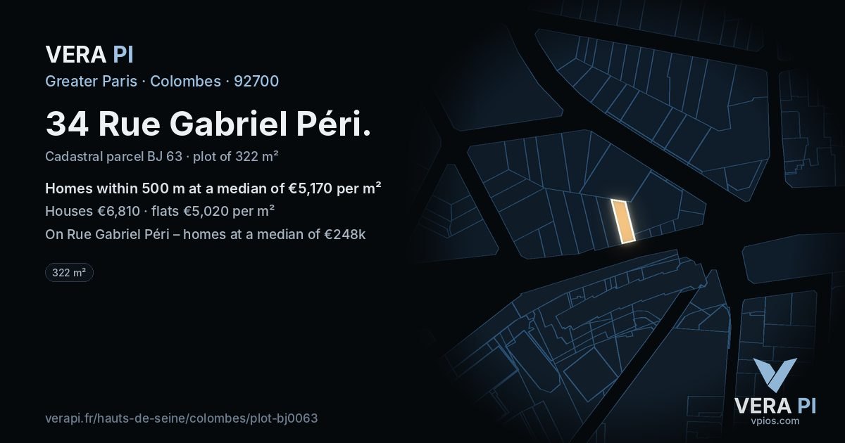 34 Rue Gabriel Péri, Colombes at night – the plot lit, the parcels around coloured by the prices near them