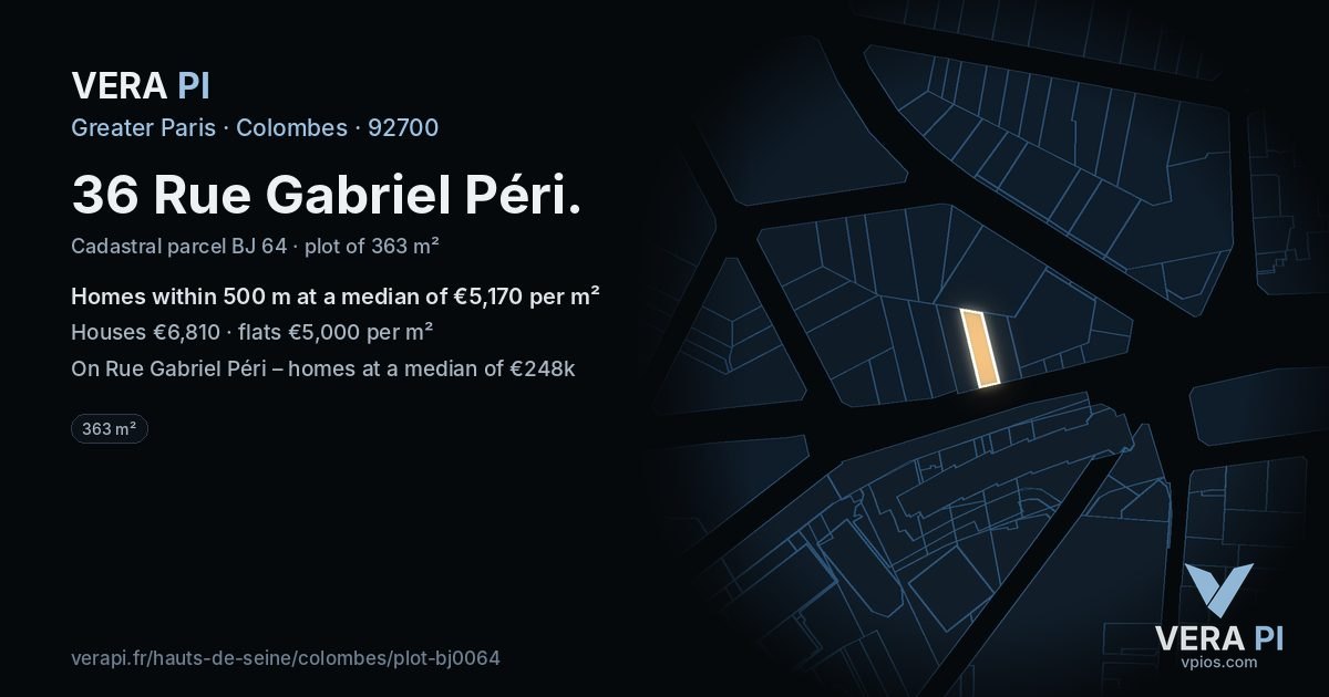 36 Rue Gabriel Péri, Colombes at night – the plot lit, the parcels around coloured by the prices near them