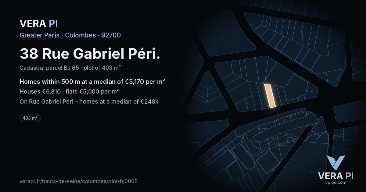 38 Rue Gabriel Péri, Colombes at night – the plot lit, the parcels around coloured by the prices near them