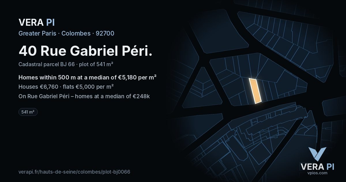 40 Rue Gabriel Péri, Colombes at night – the plot lit, the parcels around coloured by the prices near them
