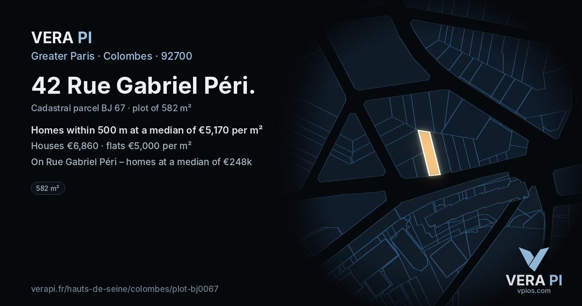 42 Rue Gabriel Péri, Colombes at night – the plot lit, the parcels around coloured by the prices near them