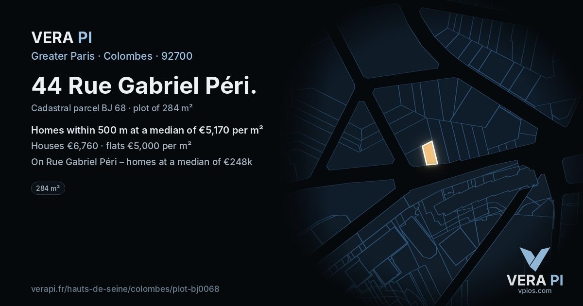44 Rue Gabriel Péri, Colombes at night – the plot lit, the parcels around coloured by the prices near them