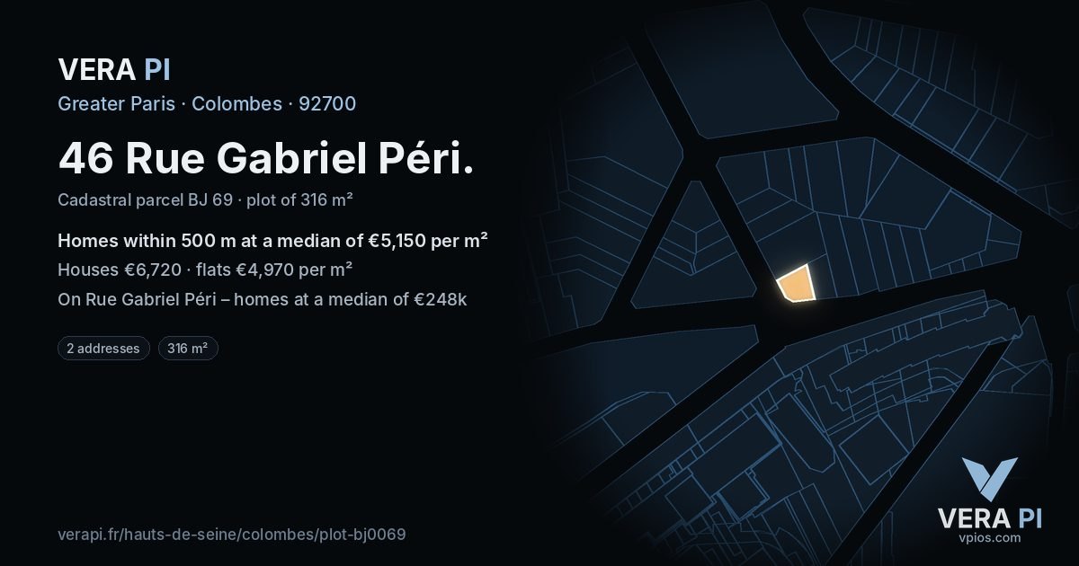 46 Rue Gabriel Péri, Colombes at night – the plot lit, the parcels around coloured by the prices near them