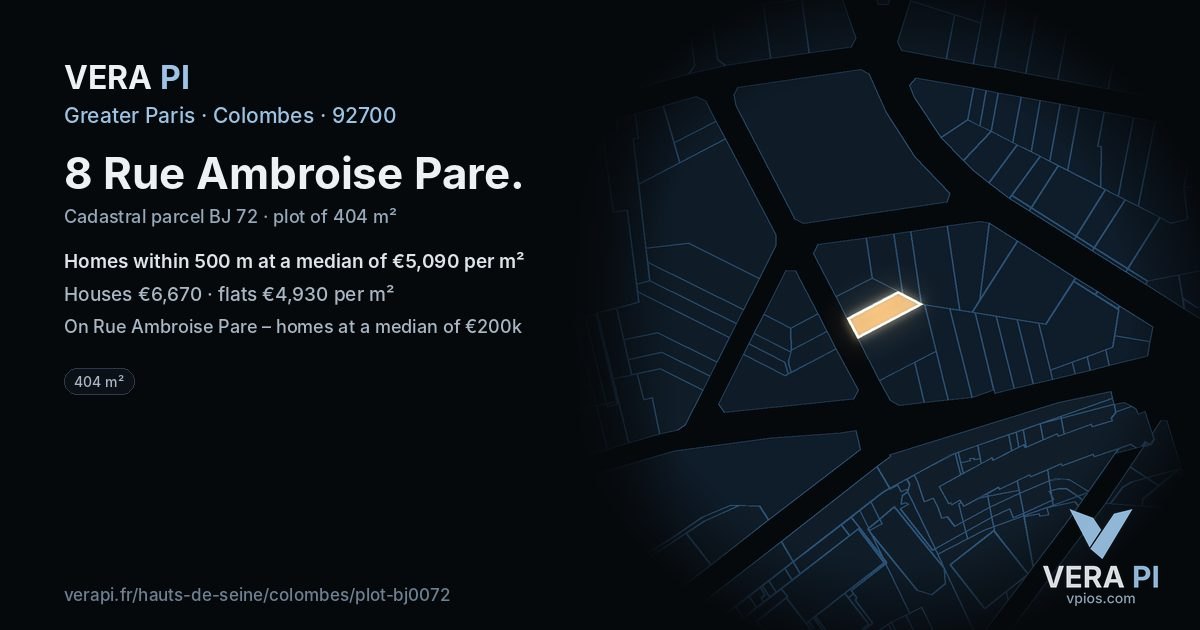 8 Rue Ambroise Pare, Colombes at night – the plot lit, the parcels around coloured by the prices near them