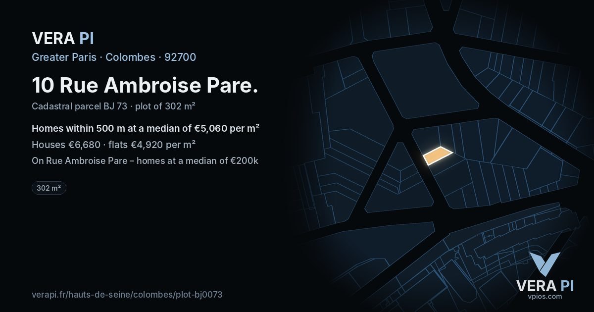 10 Rue Ambroise Pare, Colombes at night – the plot lit, the parcels around coloured by the prices near them