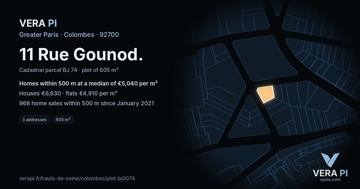 11 Rue Gounod, Colombes at night – the plot lit, the parcels around coloured by the prices near them