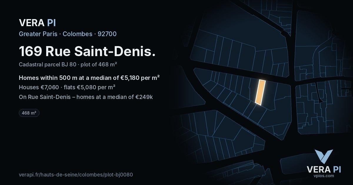 169 Rue Saint-Denis, Colombes at night – the plot lit, the parcels around coloured by the prices near them