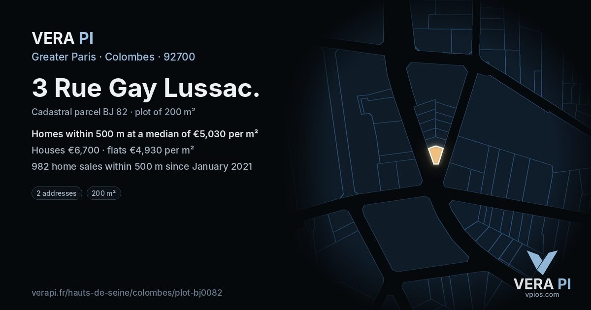 3 Rue Gay Lussac, Colombes at night – the plot lit, the parcels around coloured by the prices near them