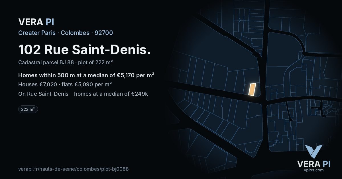 102 Rue Saint-Denis, Colombes at night – the plot lit, the parcels around coloured by the prices near them