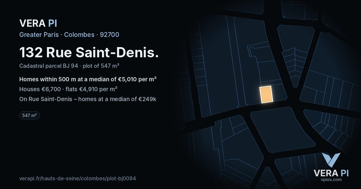 132 Rue Saint-Denis, Colombes at night – the plot lit, the parcels around coloured by the prices near them
