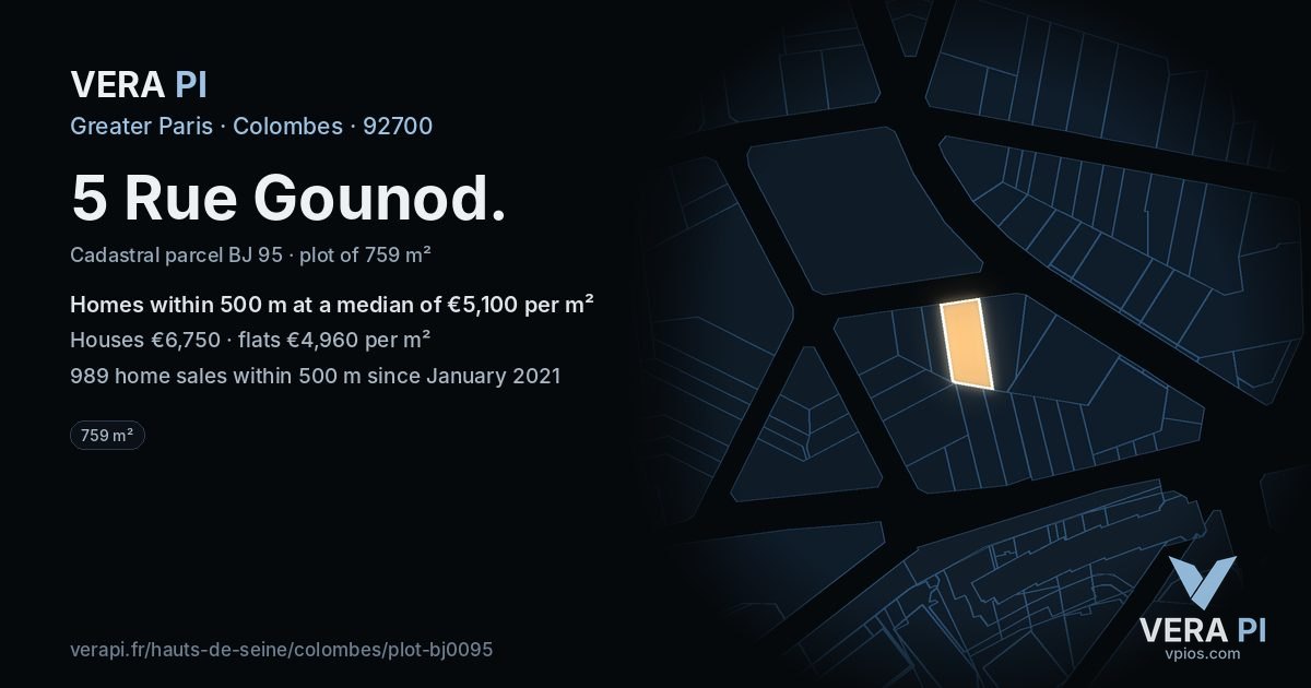 5 Rue Gounod, Colombes at night – the plot lit, the parcels around coloured by the prices near them