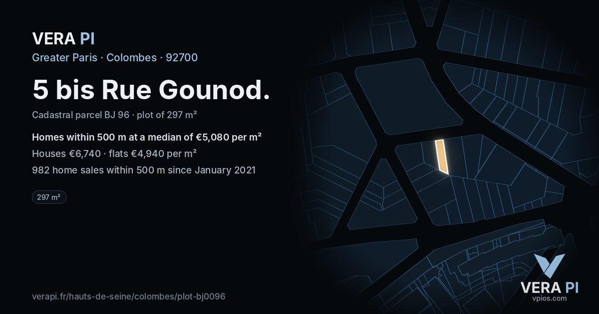5 bis Rue Gounod, Colombes at night – the plot lit, the parcels around coloured by the prices near them