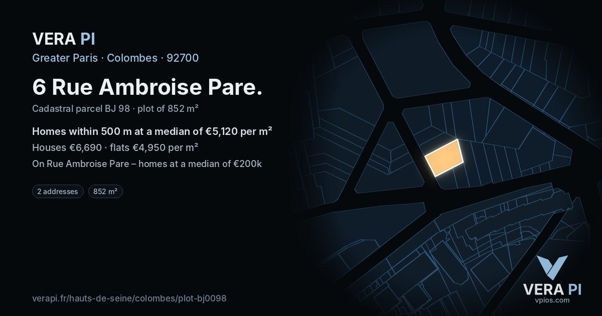 6 Rue Ambroise Pare, Colombes at night – the plot lit, the parcels around coloured by the prices near them