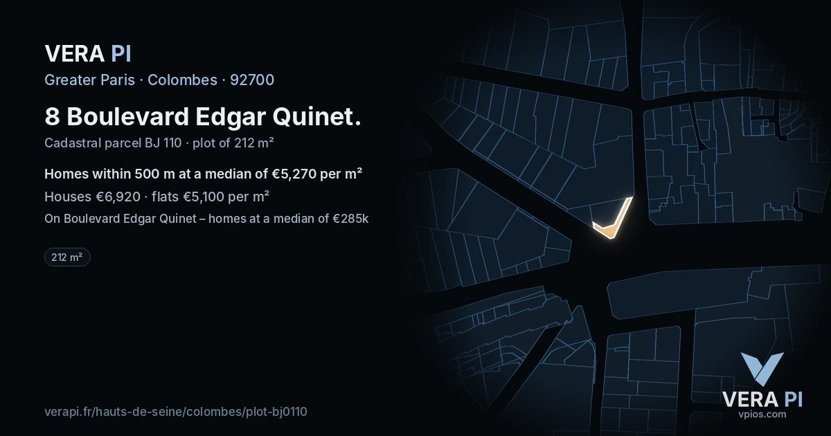 8 Boulevard Edgar Quinet, Colombes at night – the plot lit, the parcels around coloured by the prices near them