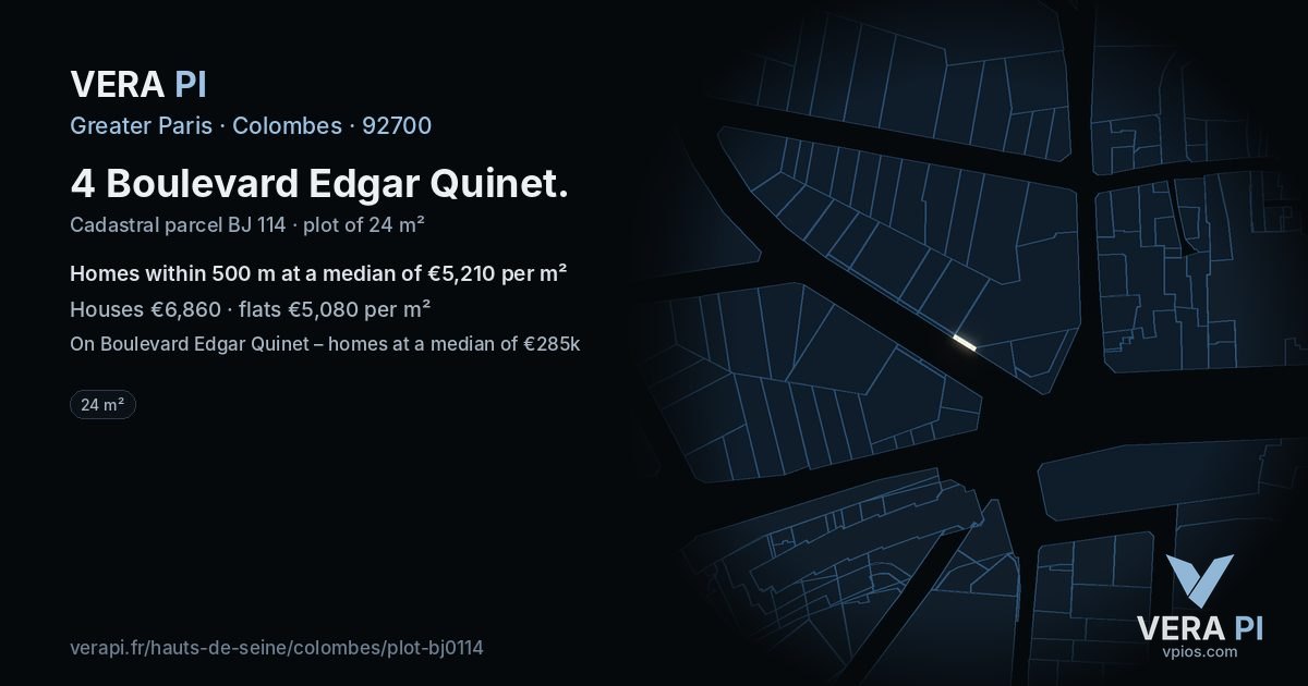 4 Boulevard Edgar Quinet, Colombes at night – the plot lit, the parcels around coloured by the prices near them
