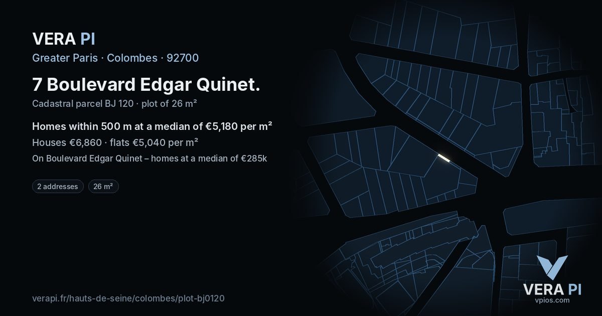 7 Boulevard Edgar Quinet, Colombes at night – the plot lit, the parcels around coloured by the prices near them