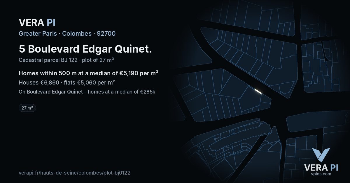 5 Boulevard Edgar Quinet, Colombes at night – the plot lit, the parcels around coloured by the prices near them