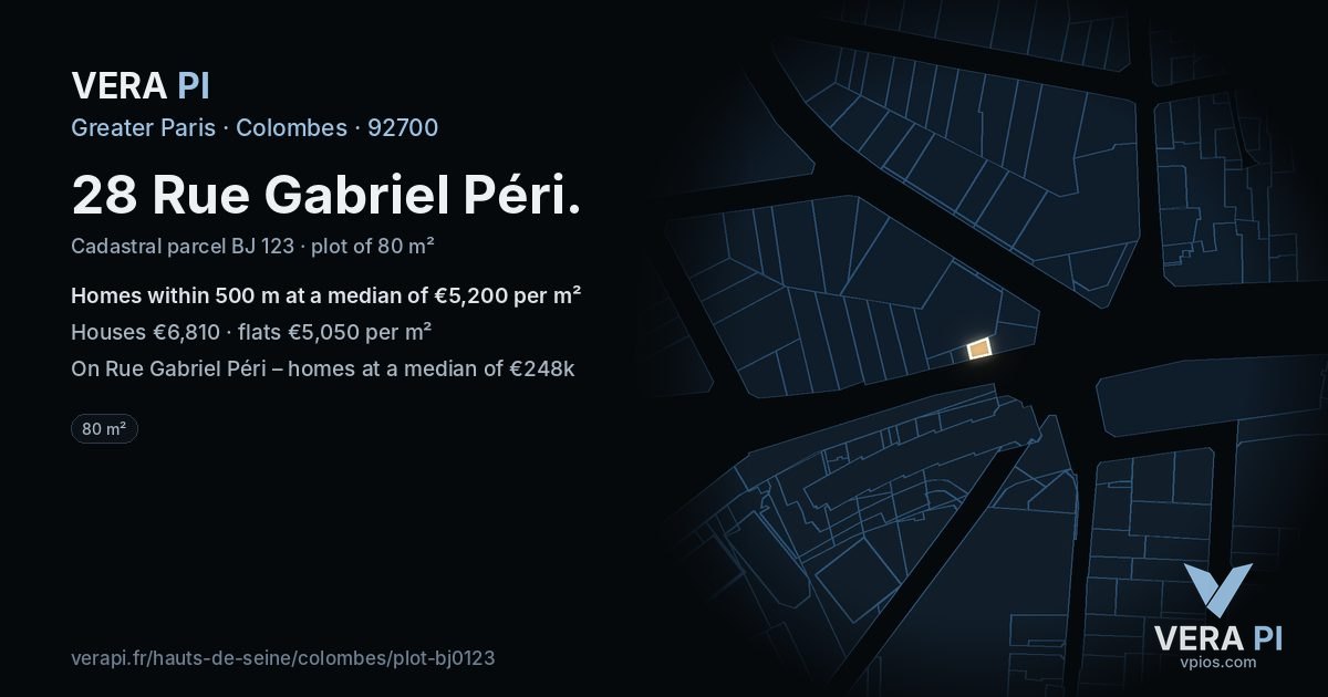 28 Rue Gabriel Péri, Colombes at night – the plot lit, the parcels around coloured by the prices near them