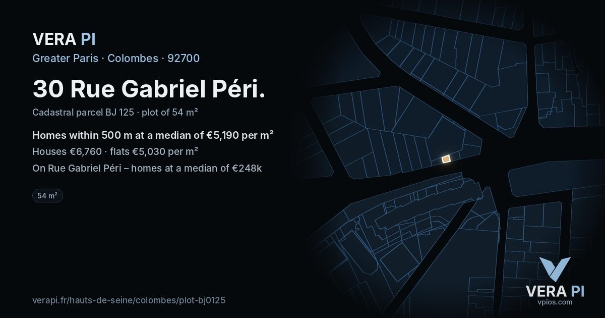 30 Rue Gabriel Péri, Colombes at night – the plot lit, the parcels around coloured by the prices near them
