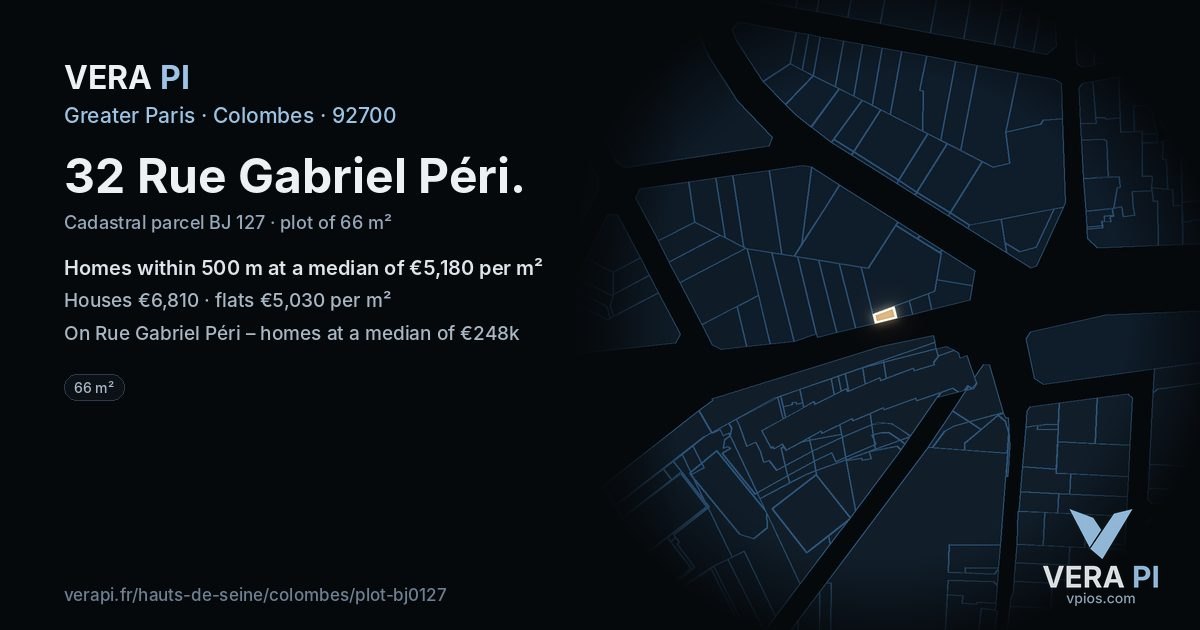 32 Rue Gabriel Péri, Colombes at night – the plot lit, the parcels around coloured by the prices near them