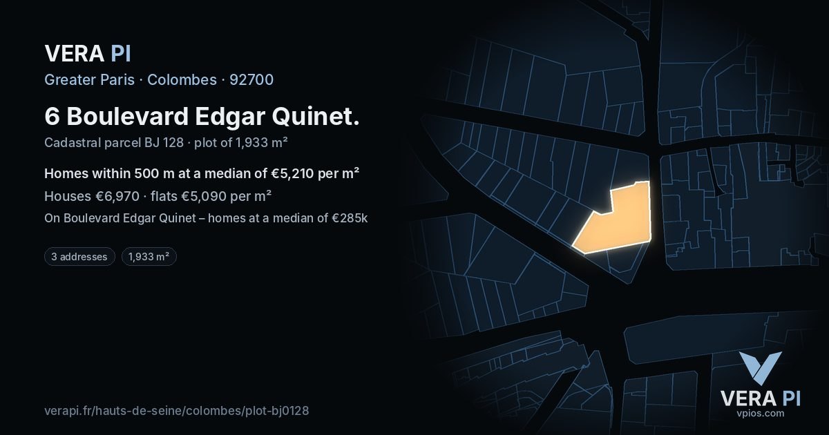6 Boulevard Edgar Quinet, Colombes at night – the plot lit, the parcels around coloured by the prices near them
