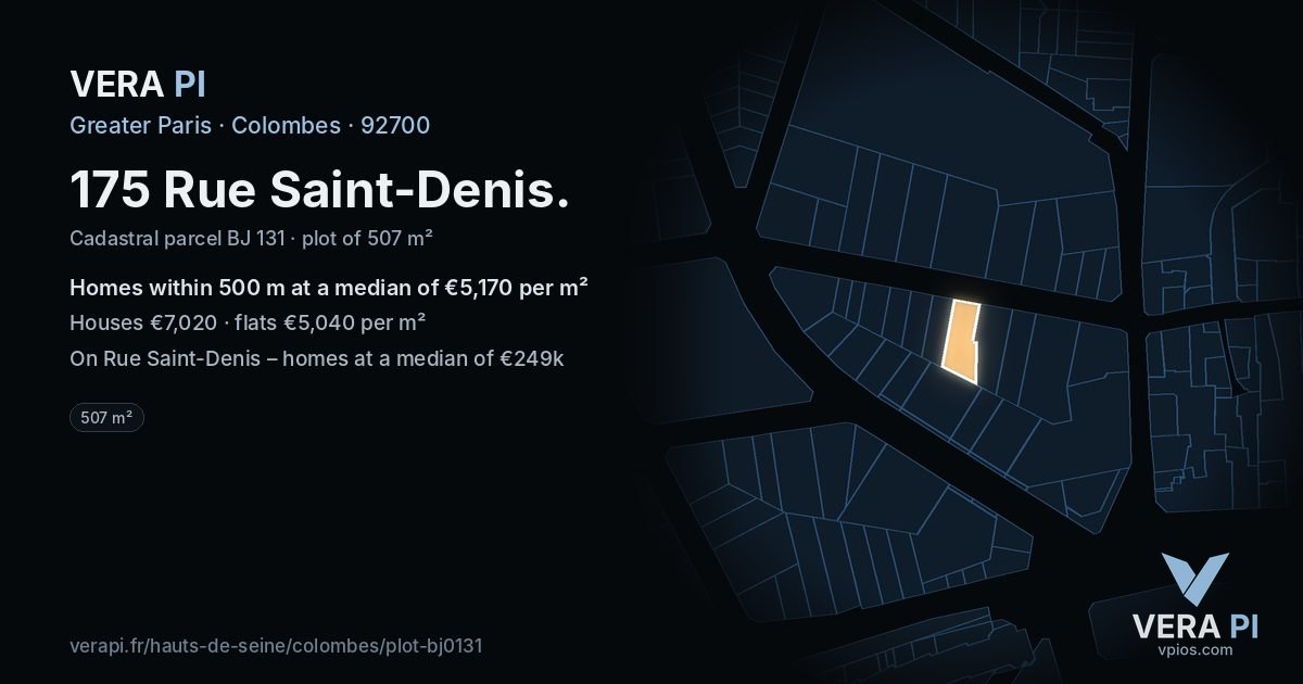 175 Rue Saint-Denis, Colombes at night – the plot lit, the parcels around coloured by the prices near them