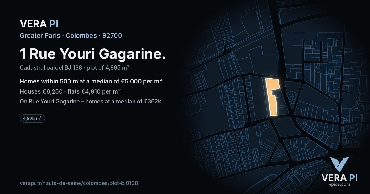 1 Rue Youri Gagarine, Colombes at night – the plot lit, the parcels around coloured by the prices near them