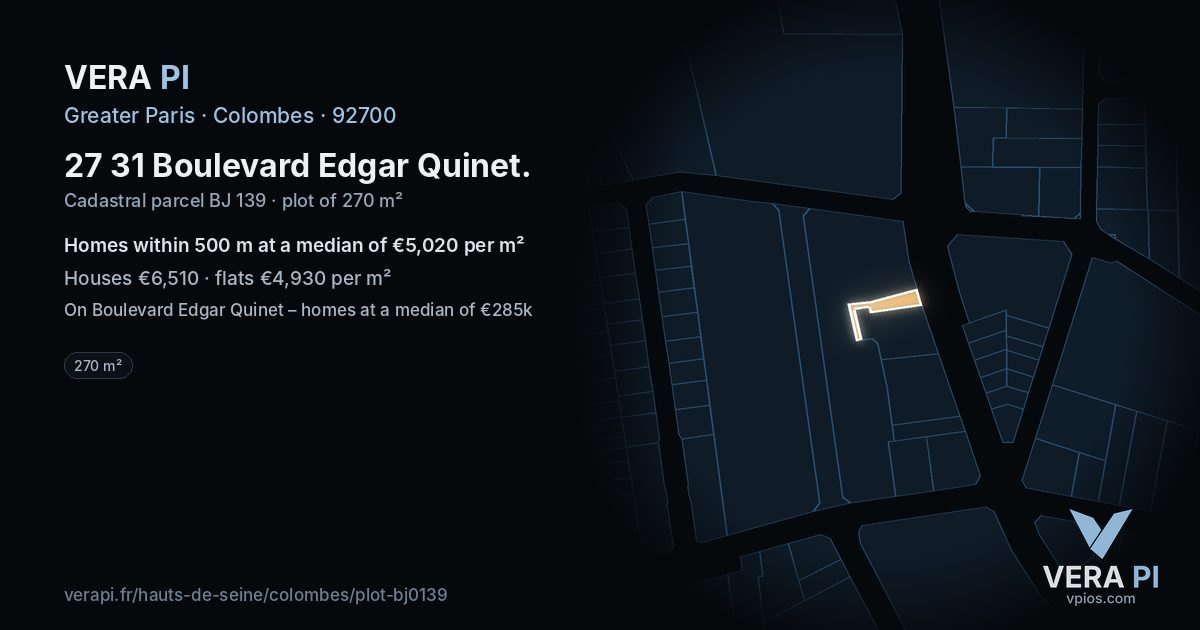 27 31 Boulevard Edgar Quinet, Colombes at night – the plot lit, the parcels around coloured by the prices near them