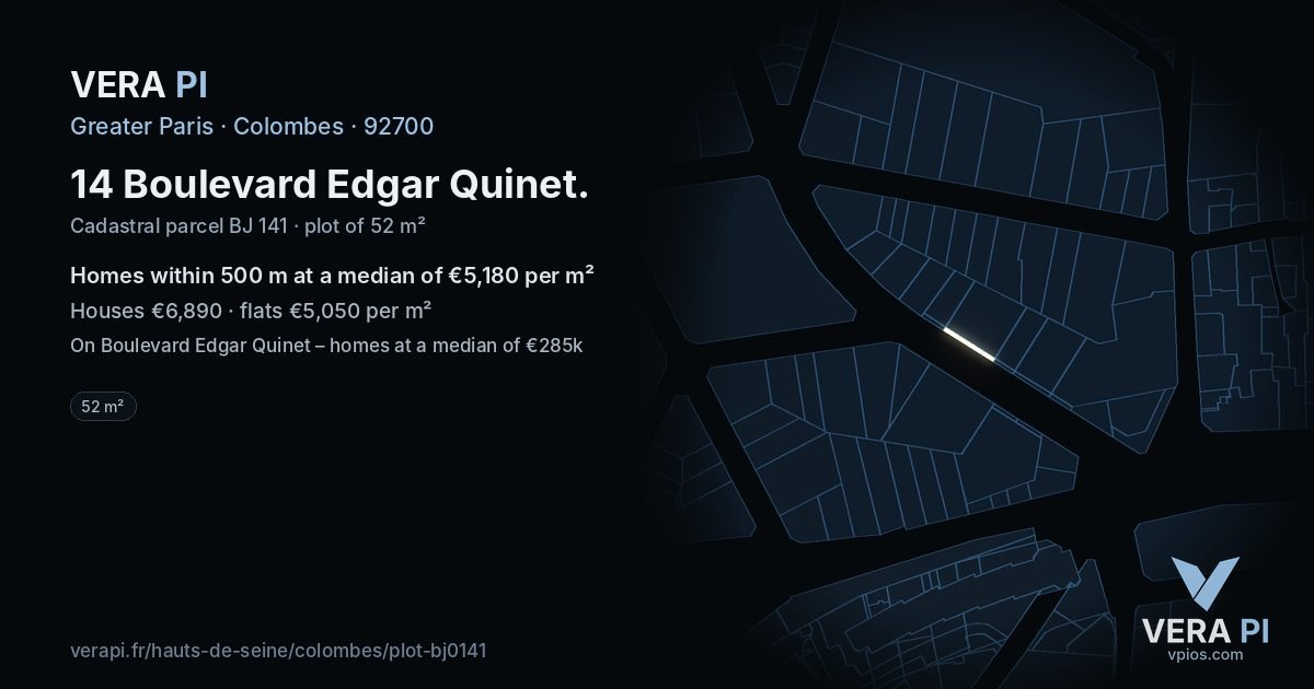 14 Boulevard Edgar Quinet, Colombes at night – the plot lit, the parcels around coloured by the prices near them