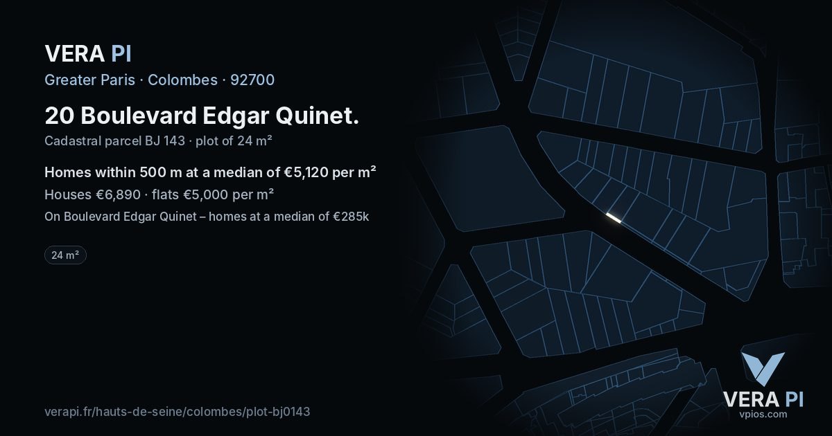 20 Boulevard Edgar Quinet, Colombes at night – the plot lit, the parcels around coloured by the prices near them