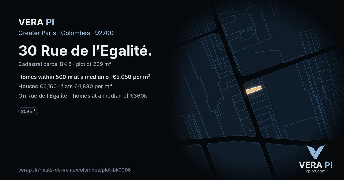 30 Rue de l’Egalité, Colombes at night – the plot lit, the parcels around coloured by the prices near them