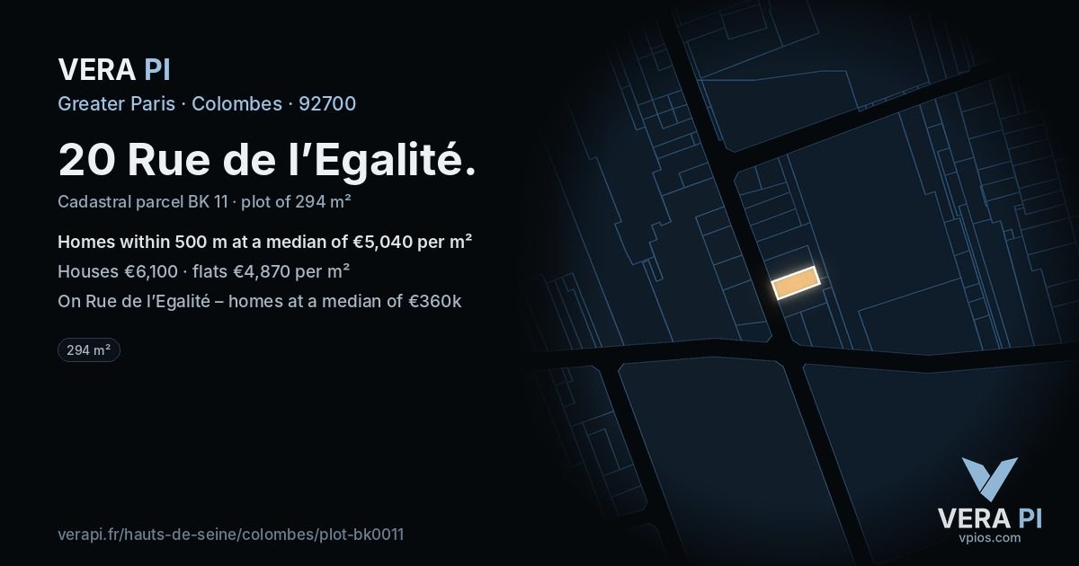 20 Rue de l’Egalité, Colombes at night – the plot lit, the parcels around coloured by the prices near them