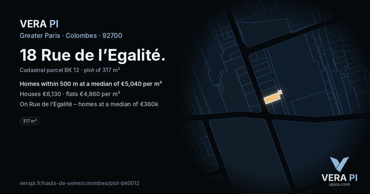 18 Rue de l’Egalité, Colombes at night – the plot lit, the parcels around coloured by the prices near them