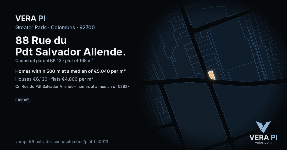 88 Rue du Pdt Salvador Allende, Colombes at night – the plot lit, the parcels around coloured by the prices near them