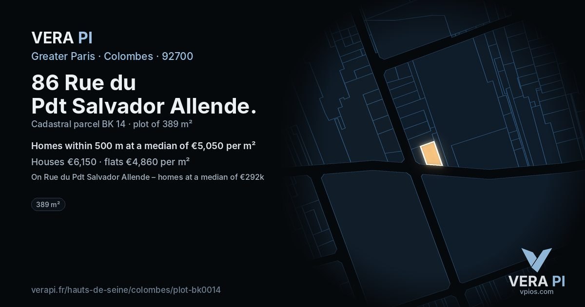 86 Rue du Pdt Salvador Allende, Colombes at night – the plot lit, the parcels around coloured by the prices near them