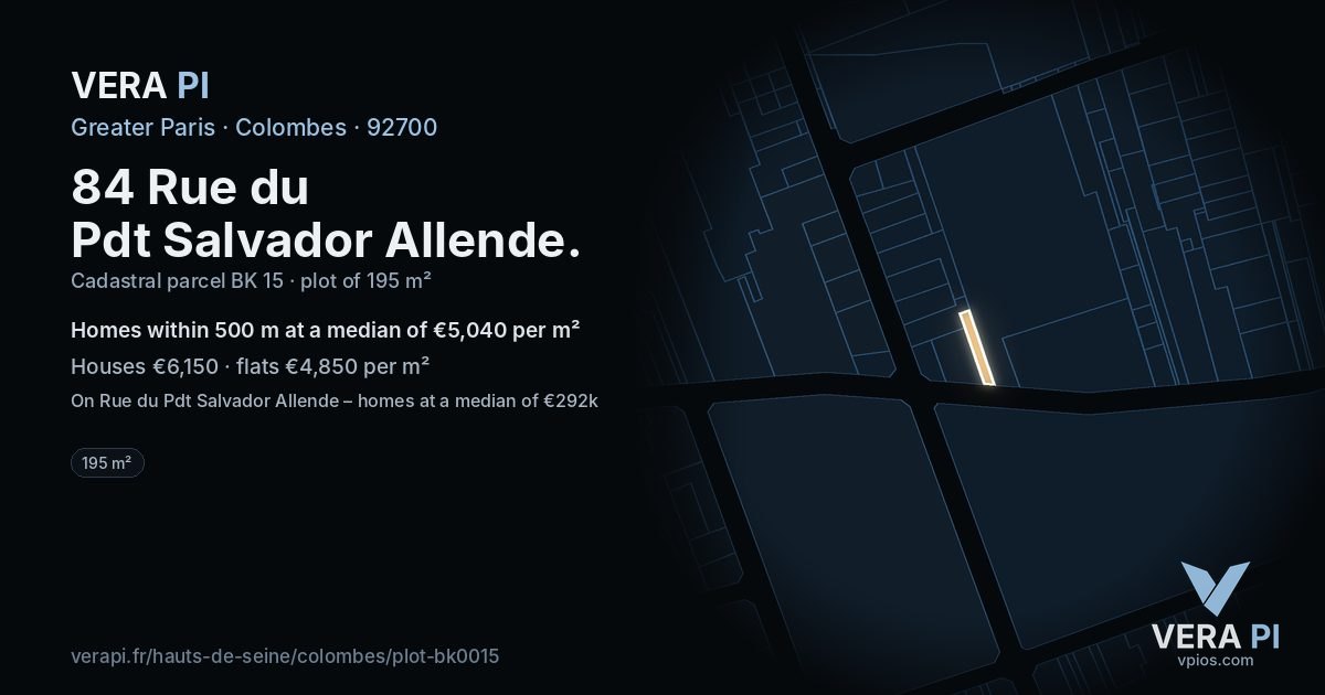 84 Rue du Pdt Salvador Allende, Colombes at night – the plot lit, the parcels around coloured by the prices near them