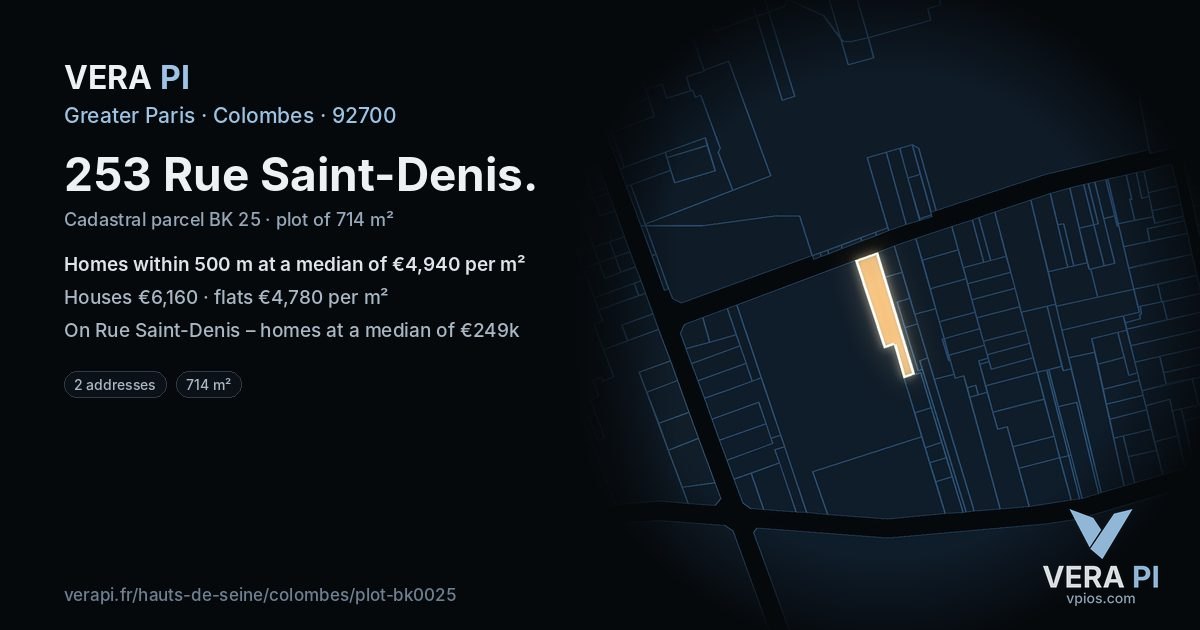 253 Rue Saint-Denis, Colombes at night – the plot lit, the parcels around coloured by the prices near them