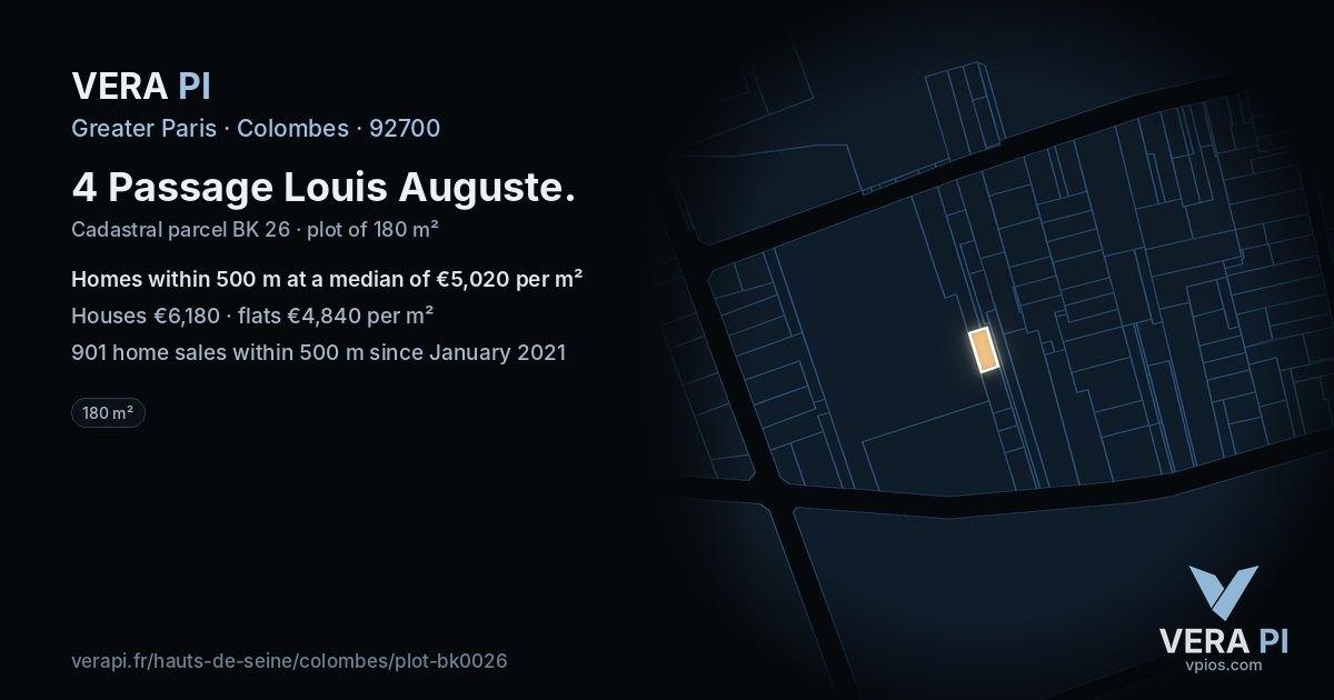 4 Passage Louis Auguste, Colombes at night – the plot lit, the parcels around coloured by the prices near them