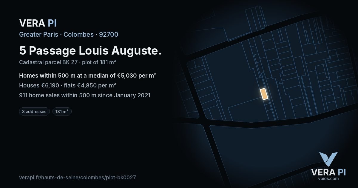 5 Passage Louis Auguste, Colombes at night – the plot lit, the parcels around coloured by the prices near them