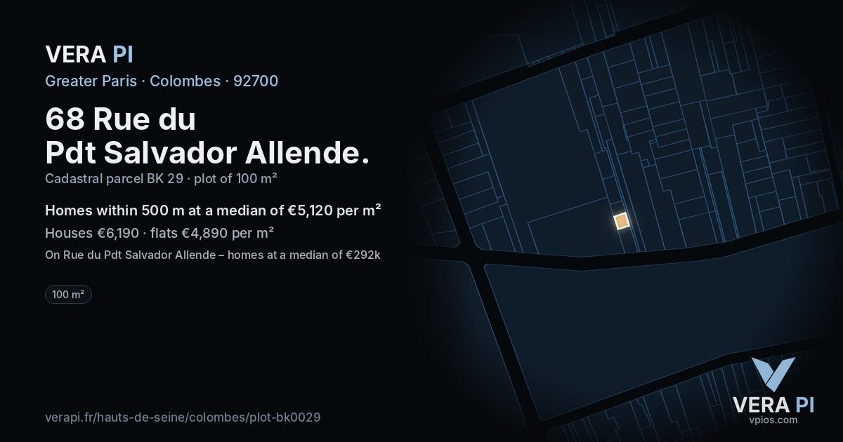 68 Rue du Pdt Salvador Allende, Colombes at night – the plot lit, the parcels around coloured by the prices near them