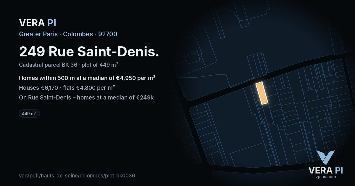 249 Rue Saint-Denis, Colombes at night – the plot lit, the parcels around coloured by the prices near them