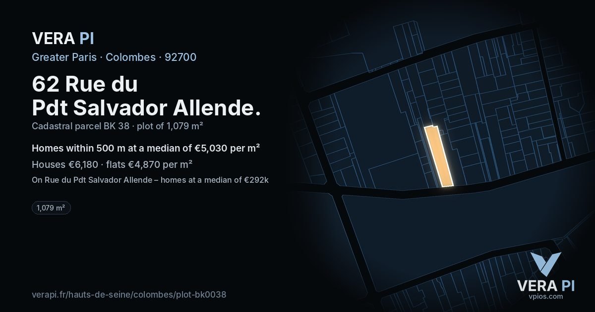 62 Rue du Pdt Salvador Allende, Colombes at night – the plot lit, the parcels around coloured by the prices near them