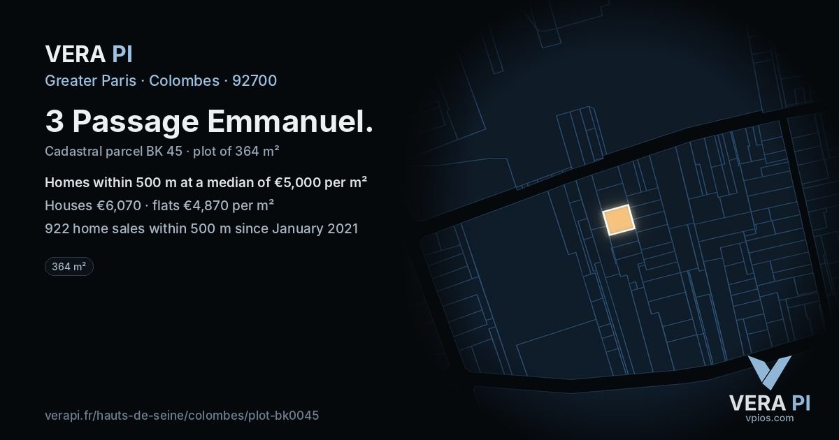 3 Passage Emmanuel, Colombes at night – the plot lit, the parcels around coloured by the prices near them