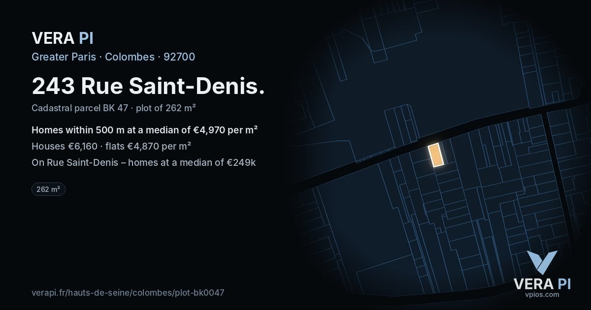 243 Rue Saint-Denis, Colombes at night – the plot lit, the parcels around coloured by the prices near them