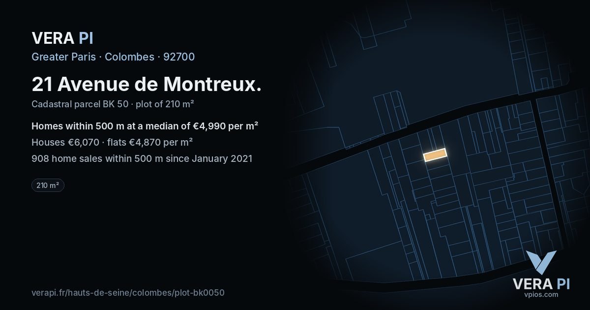 21 Avenue de Montreux, Colombes at night – the plot lit, the parcels around coloured by the prices near them